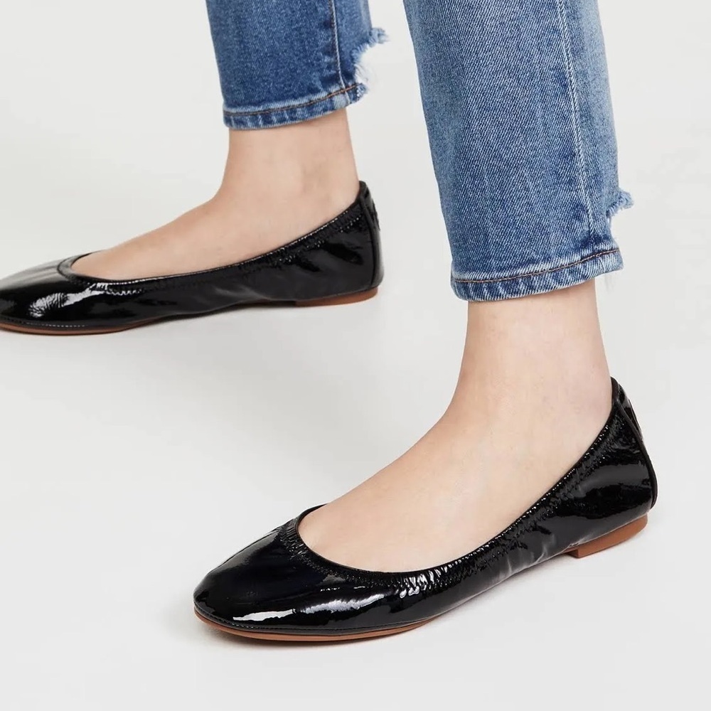Tory Burch Women's Eddie Ballet Flats in Black Patent Leather logo preppy office